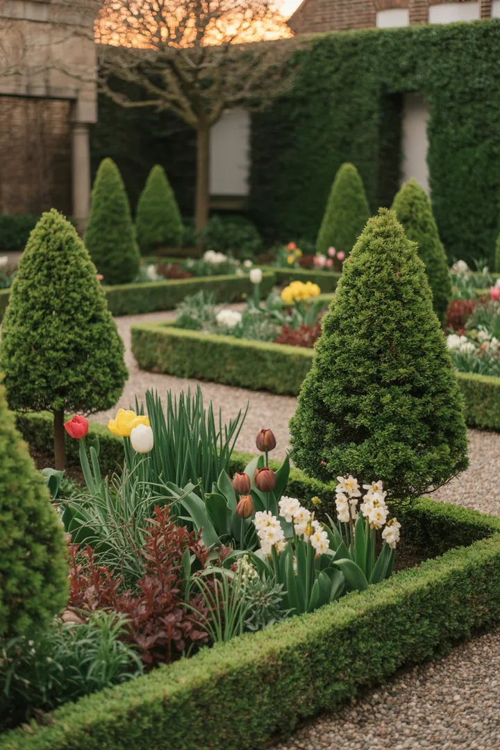 Ein stilvolles Gartenarrangement mit einem Pflanzkübel, umgeben von Kies und einer gepflegten Rasenkante, ideal für die Gestaltung mit Blumenzwiebeln und einem Formschnittwerkzeug.
