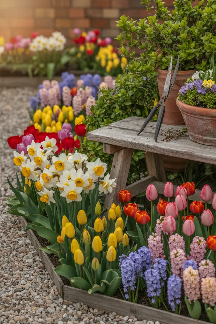 Ein stilvoller Gartenbereich mit Pflanzkübeln, dekorativen Kiesflächen und einer gepflegten Rasenkante, ideal für Blumenzwiebeln und kreativen Formschnitt.