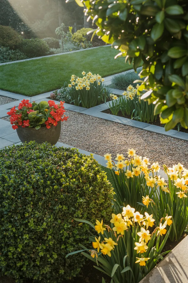 Ein gepflegter Gartenbereich mit kreativ gestalteten Pflanzkübeln, umgeben von Kies und einer eleganten Rasenkante, ideal für Blumenzwiebeln und Pflegewerkzeuge wie eine Formschnittschere.