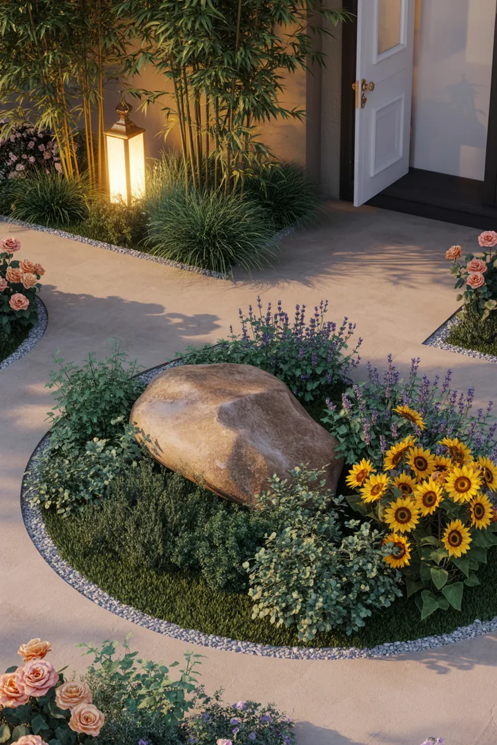 Ein stilvoller Gartenbereich mit dekorativen Steinen, feinem Kies und einer kreativen Pflanzeneinfassung, ergänzt durch eine elegante Laterne und hochwertige Schnittwerkzeuge.