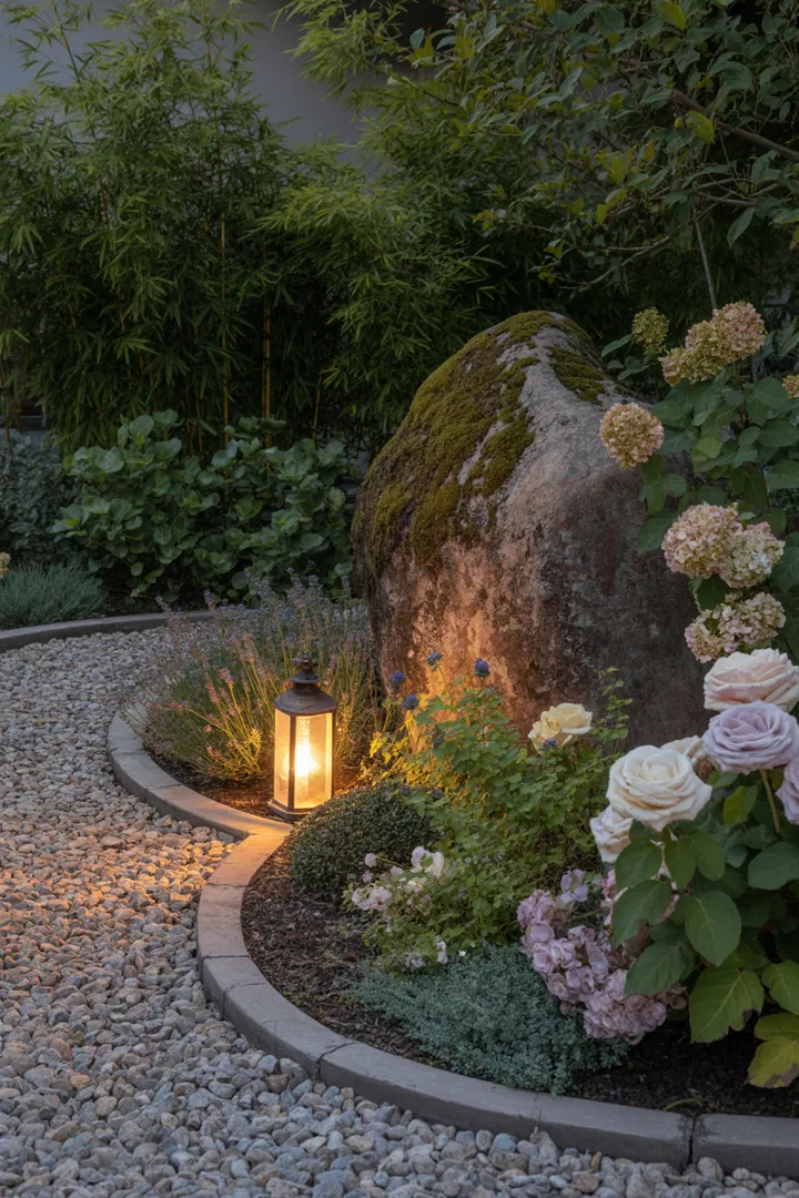 „Dekorative Gartenlandschaft mit eleganten Findlingen, lebhaftem Zierkies, modernem Bambus-Ersatz, präziser Formschnittschere und stilvoller Beeteinfassung, ergänzt durch eine stimmungsvolle Laternenleuchte.“