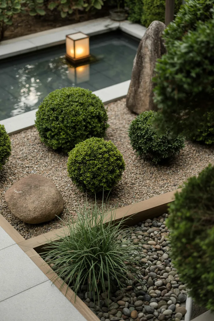 Bunte Gartenlandschaft mit dekorativen Steinen, gepflegten Pflanzen und einer stilvollen Lichtquelle, ideal für kreative Beeteinfassungen und moderne Gestaltungselemente.