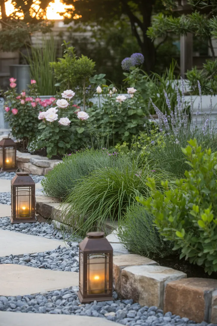 Ein harmonisches Gartenarrangement mit dekorativen Steinen, feinem Kies und stilvollen Leuchten, ergänzt durch sorgfältig gestutzte Pflanzen und eine elegante Beeteinfassung.