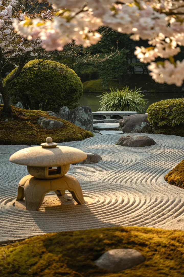 "Gestaltung eines Gartens mit dekorativen Steinen, kunstvollem Kies und stilvollen Elementen wie einer Laternenleuchte, umrahmt von einer eleganten Beeteinfassung und gepflegtem Bamboos."