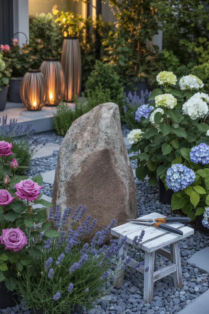 Ein stilvolles Gartenarrangement mit dekorativen Steinen, ansprechendem Kies, einer Formschnittschere und einer modernen Laternenleuchte, ideal für kreative Beeteinfassungen und Pflanzenalternativen.