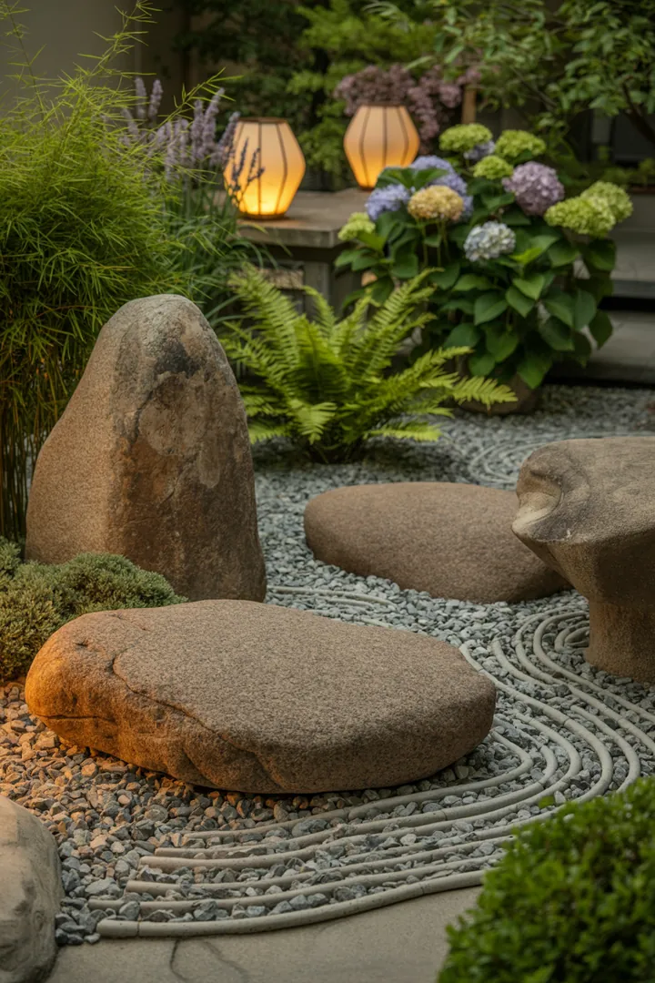 Ein stilvoll gestalteter Garten mit dekorativen Steinen, feinem Kies, einer eleganten Beeteinfassung und einer Laternenleuchte, ideal für kreative Gestaltungsideen.