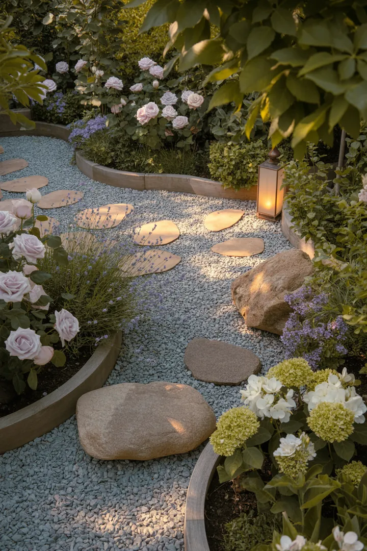 Ein stilvoll gestalteter Garten mit dekorativen Steinen und kiesbedeckten Flächen, ergänzt durch prägnante Formen und eine moderne Beleuchtung, schafft eine harmonische Umgebung.