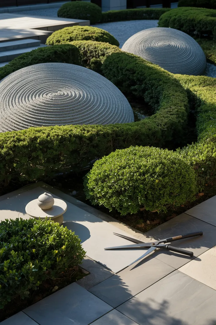 Ein dekorativer Gartenbereich mit natürlicher Beeteinfassung aus Findlingen, umgeben von Zierkies, ergänzt durch eine stilvolle Laternenleuchte und eine Formschnittschere, die für den perfekten Bambus-Ersatz sorgt.