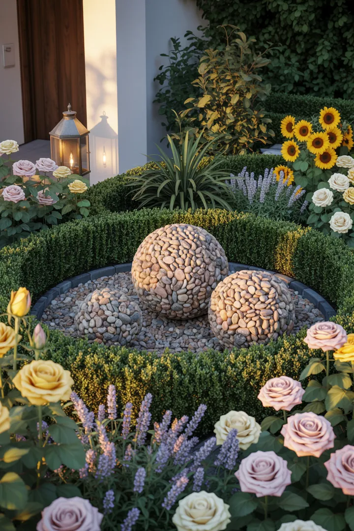 Ein stilvoll gestaltetes Gartenarrangement mit dekorativen Steinen, feinem Kies, einer eleganten Beeteinfassung aus Bambus-Ersatz und einer Formschnittschere, sowie einer stimmungsvollen Laternenleuchte für nächtliche Akzente.