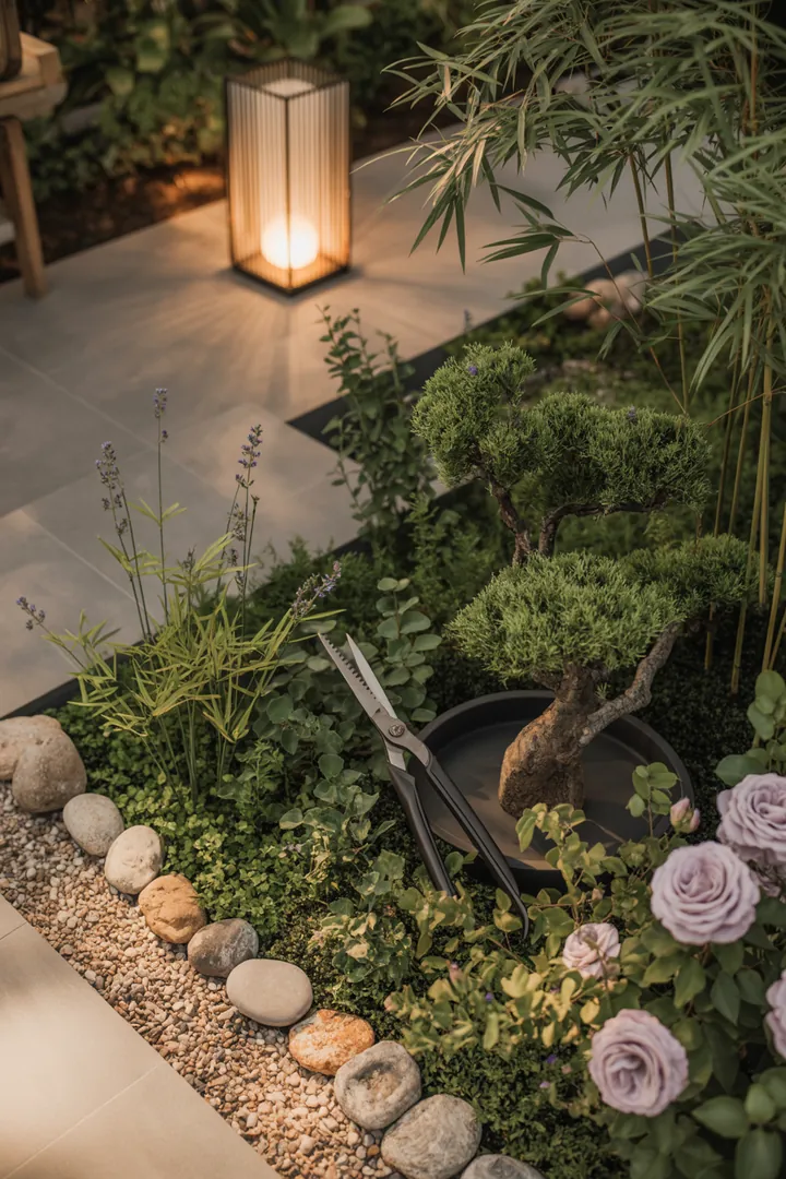 Ein harmonisches Gartenarrangement mit dekorativen Steinen, feinem Zierkies, einer Formschnittschere und einer eleganten Laternenleuchte, ideal für eine stilvolle Beeteinfassung und als Bambus-Ersatz.