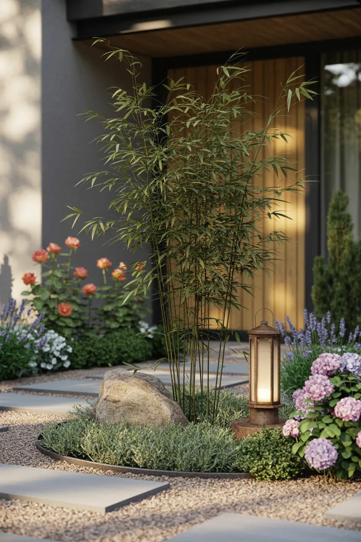 Ein stilvoll gestalteter Garten mit dekorativen Steinen, eleganten Pflanzen und einer modernen Lichtquelle, umrahmt von einer ansprechenden Beeteinfassung.