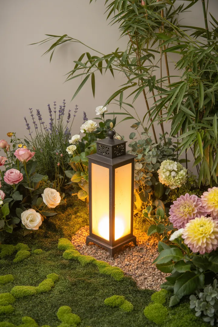 Ein gepflegter Garten mit dekorativen Steinen, geschicktem Zuschnitt von Pflanzen, einer stilvollen Leuchte und einer ansprechenden Randgestaltung. Ideal für kreative Gartengestaltung.