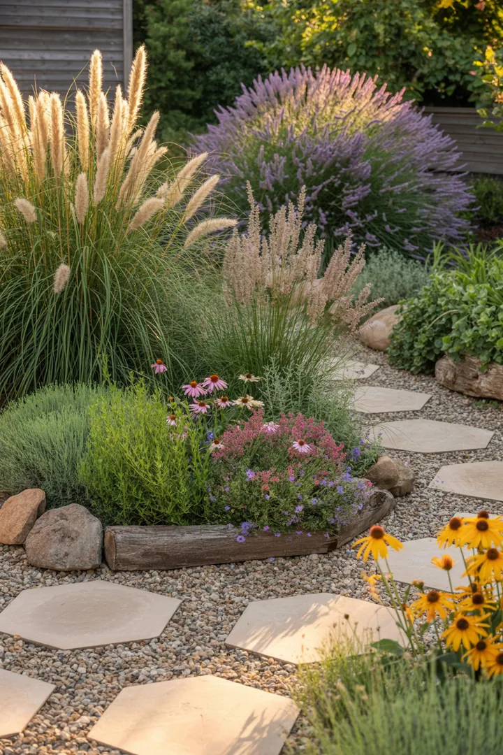 "Natürliche Gartengestaltung mit dekorativen Steinen, schützendem Material, stabilen Wabenstrukturen, sanften Gräsern und langlebigen Pflanzen entlang der Beetbegrenzung."