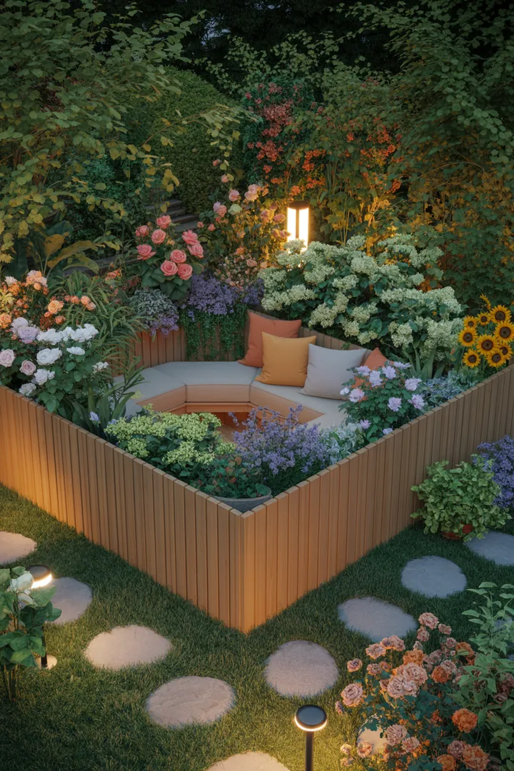 Kreative Gartenlandschaft mit stilvollen Möbeln, schützenden Elementen, farbenfrohen Kissen, dekorativen Töpfen und leuchtenden Lampen für eine einladende Atmosphäre.