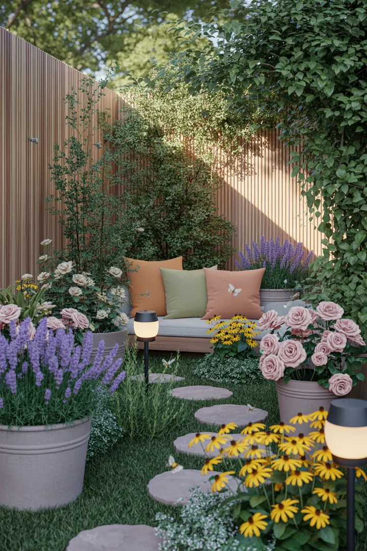 Ein stilvoller Außenbereich mit modernen Möbeln, komfortablen Kissen, dekorativen Pflanzgefäßen, praktischen Trittplatten und stimmungsvollen Solarlampen für eine gemütliche Atmosphäre.