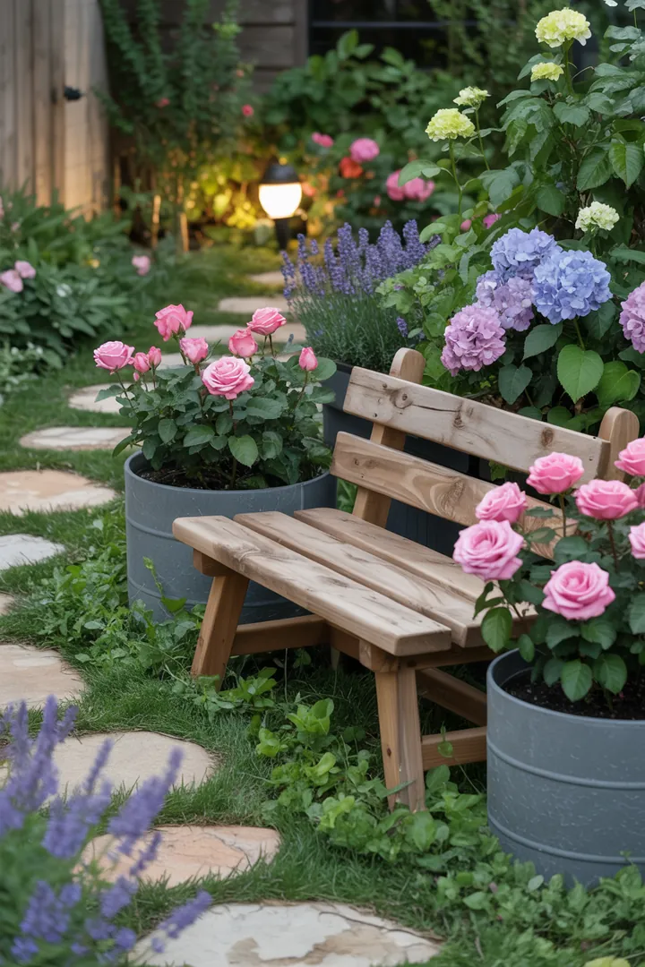 Vielseitige Gartenmöbel mit elegantem Sichtschutz, umgeben von stilvollen Pflanzkübeln, Outdoor-Kissen, Trittplatten und leuchtenden Solarlampen.