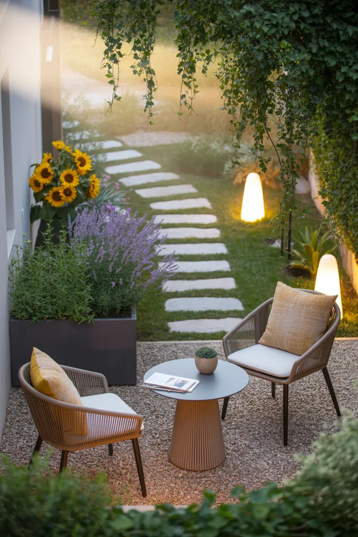 Eine stilvolle Outdoor-Einrichtung mit funktionalen Möbeln, dekorativen Kissen, modernen Trittplatten, eleganten Pflanzkübeln und stimmungsvollen Lichtakzenten.