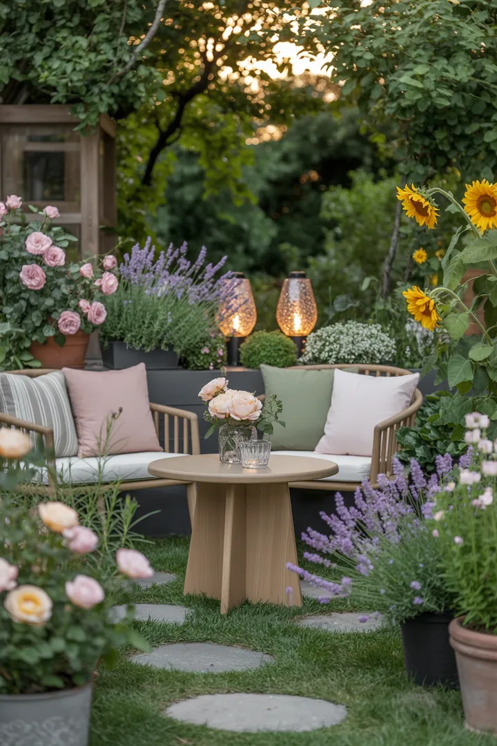 Stilvolle Gartenlandschaft mit modernen Möbeln, dekorativen Outdoor-Kissen, eleganten Pflanzkübeln und sanften Solarlampen für gemütliche Abende.