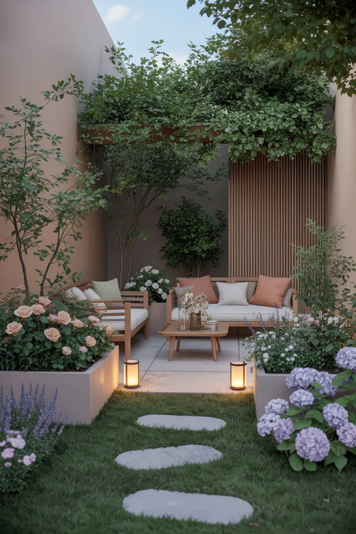 "Stylische Outdoor-Gestaltung mit platzsparenden Möbeln, gemütlichen Kissen, dekorativen Pflanzkübeln, beleuchteten Solarlampen und praktischen Trittplatten für perfekten Sichtschutz."