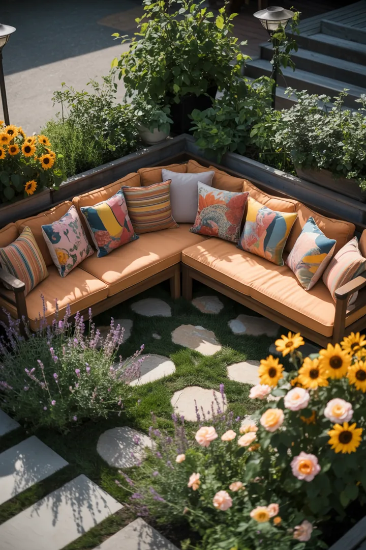 Ein stilvoller Außenbereich mit modernen Kompaktmöbeln, dekorativen Pflanzkübeln, bequemen Outdoor-Kissen, praktischen Trittplatten und stimmungsvollen Solarlampen für optimalen Sichtschutz.