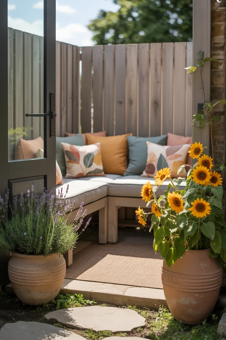Ein stilvoll gestalteter Außenbereich mit platzsparenden Möbeln, dekorativen Pflanzbehältern, gemütlichen Kissen, schützenden Elementen, Trittflächen und stimmungsvollen Lichtquellen.