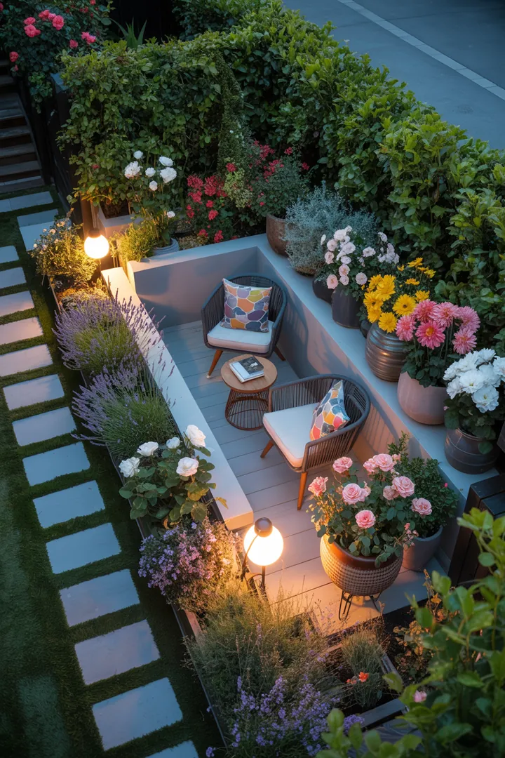 Vielseitige Gartenmöbel mit stilvollem Sichtschutz, dekorativen Outdoor-Kissen, modernen Trittplatten, eleganten Pflanzkübeln und stimmungsvollen Solarlampen für eine einladende Atmosphäre.