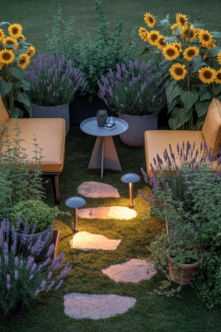 Vielseitige Gartenlandschaft mit eleganten Kompaktmöbeln, schützendem Sichtschutz, stilvollen Outdoor-Kissen, praktischen Trittplatten, blühenden Pflanzkübeln und stimmungsvollen Solarlampen.