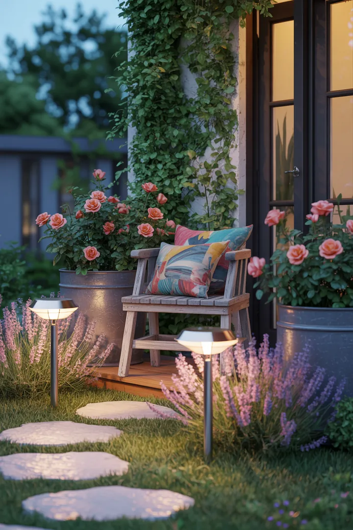 Stylische Gartenmöbel mit integriertem Sichtschutz, umgeben von bunten Outdoor-Kissen, dekorativen Pflanzkübeln, praktischen Trittplatten und stimmungsvollen Solarlampen.