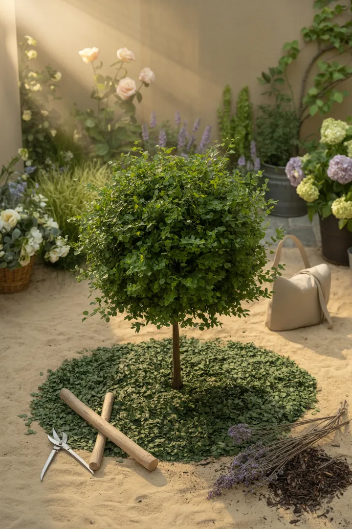 Ein gepflegter Garten mit einer Kugelrobinie, unterstützt von einem Stützpfahl, umgeben von Baumscheren, Baumbindern, einem Gießsack und frischem Mulch.