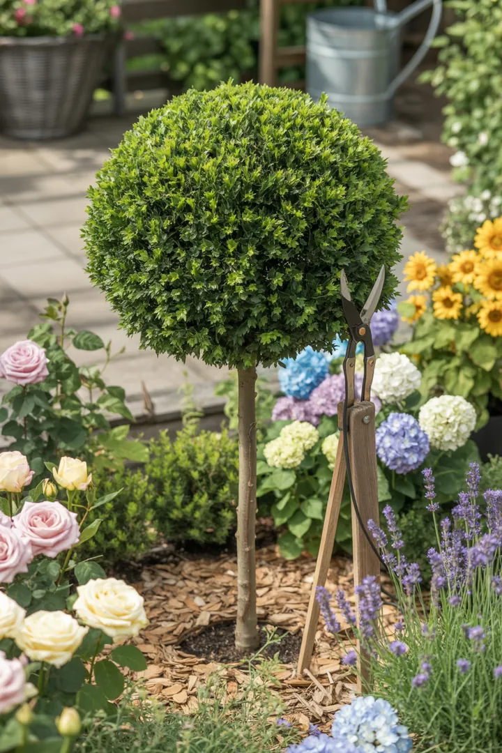 Pflege einer jungen Kugelrobinie mit einem Stützpfahl, während ein Gießsack und Baumbinder verwendet werden; Mulch sorgt für optimale Bodenfeuchtigkeit.