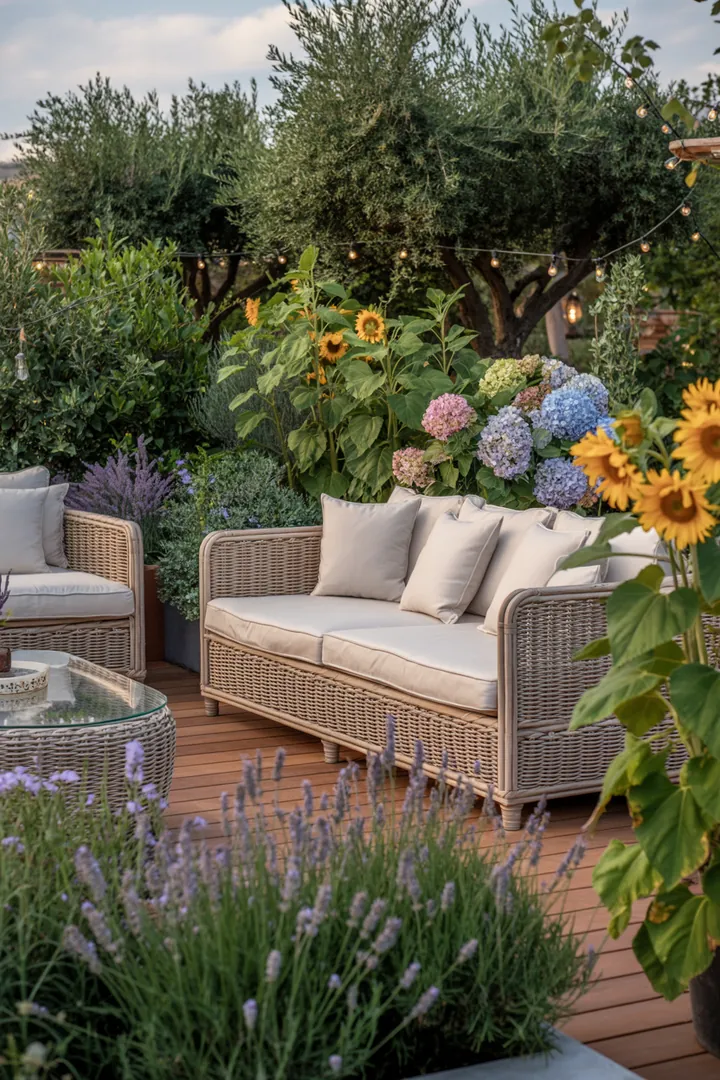 Gemütliche Outdoor-Lounge mit stilvollen Relaxmöbeln, ideal für entspannte Stunden in der Gartenlounge, inklusive eleganter Rattanlounge und einladender Terrassenlounge.