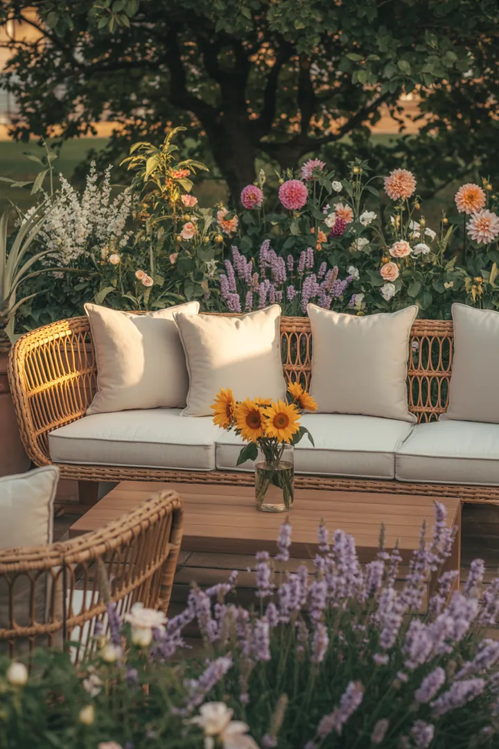 Ein stilvoller Rückzugsort im Freien mit modernen Relaxmöbeln aus Rattan, ideal für entspannte Stunden in der Gartenlounge oder auf der Terrasse.