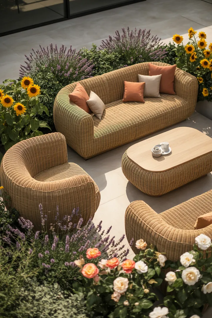 Entspannte Sitzgelegenheit im Freien mit stilvollen Relaxmöbeln aus Rattan, ideal für die Gartenlounge oder Terrassenlounge. Perfekte Outdoor-Lounge für gemütliche Stunden.