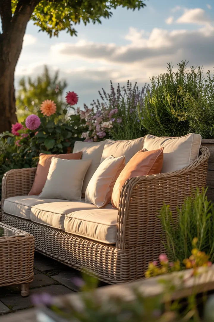 Entspannende Sitzgelegenheit im Freien mit stilvollen Rattan-Elementen, ideal für Garten und Terrasse, perfekt für gemütliche Stunden.