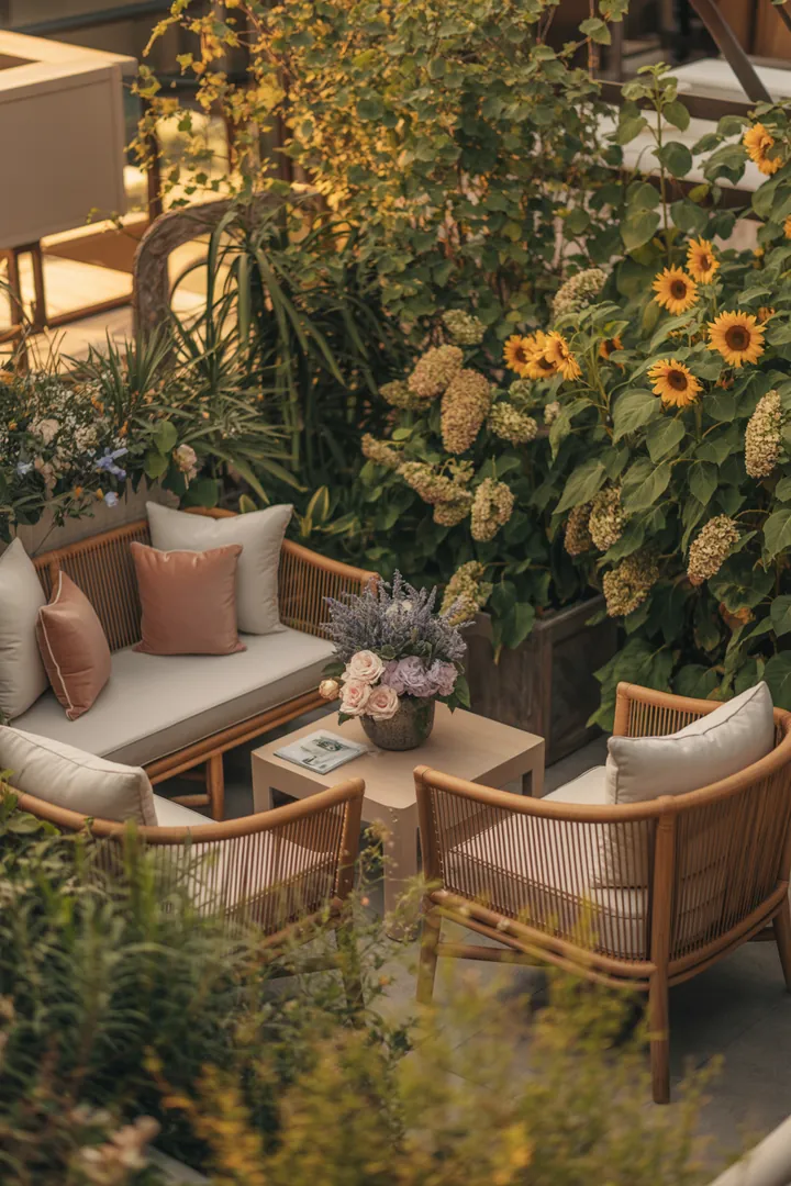 Gemütliche Sitzgelegenheit im Freien, ideal für entspannte Stunden, ausgestattet mit stilvollen Rattan-Elementen und modernen Designs für eine perfekte Gartenlounge.