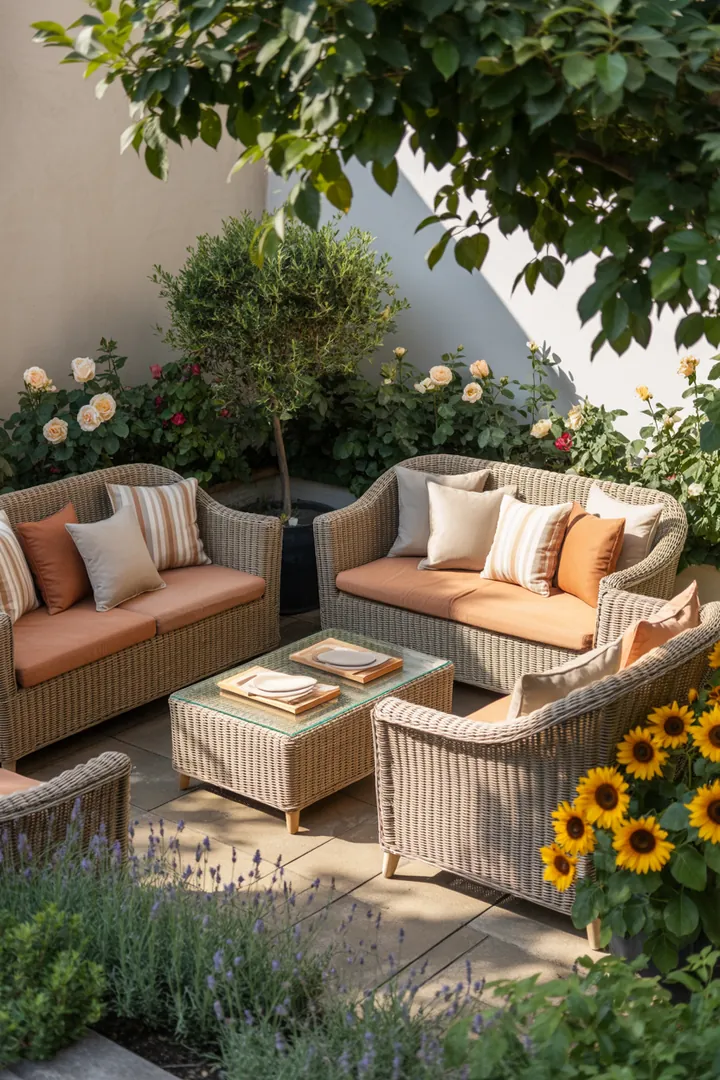 Gemütliche Entspannungsoase im Freien mit stilvollen Relaxmöbeln aus Rattan, ideal für Garten- und Terrassenlounge. Perfekt für die Outdoor-Lounge!