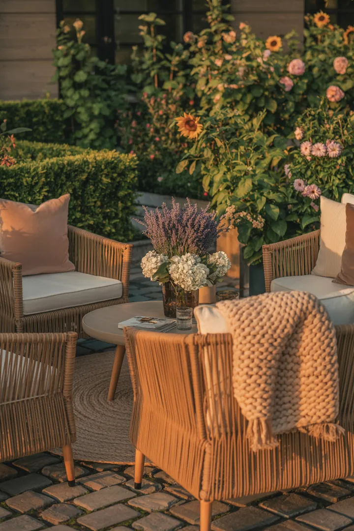 Entspannende Outdoor-Entspannungsoase mit stilvollen Rattanmöbeln, ideal für gemütliche Stunden im Garten oder auf der Terrasse. Perfekt für eine moderne Gartenlounge.