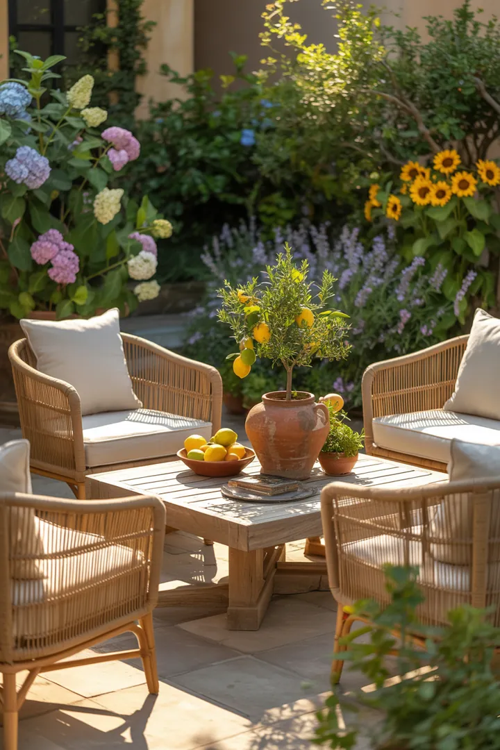 Entspanntes Ambiente mit stilvollen Relaxmöbeln für den Garten, ideal für die Terrasse und Outdoor-Lounges im Rattan-Stil.