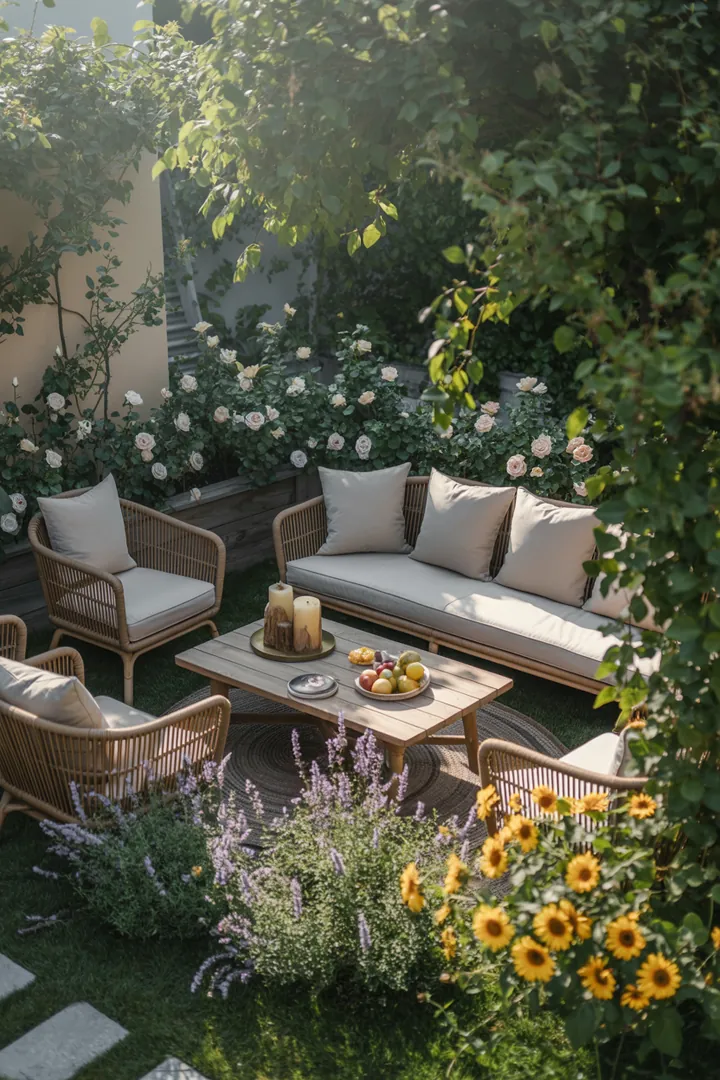Entspannende Sitzgelegenheit im Freien aus Rattan, ideal für Garten- und Terrassenlounge, perfekt zum Relaxen mit Freunden und Familie.