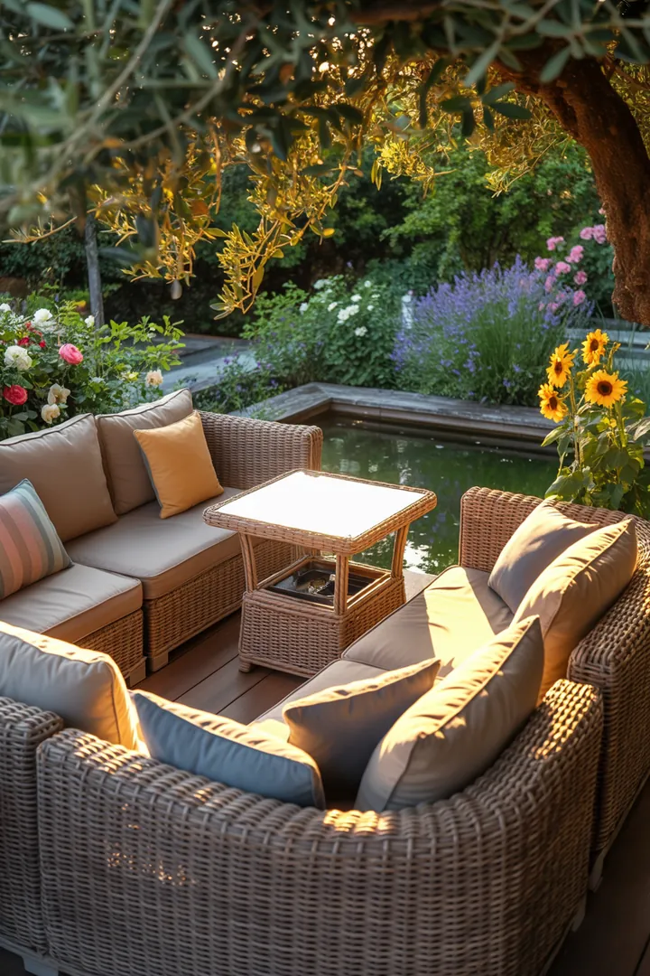 Gemütliche Outdoor-Lounge mit stilvollen Relaxmöbeln aus Rattan, ideal für entspannte Stunden auf der Terrasse oder im Garten.
