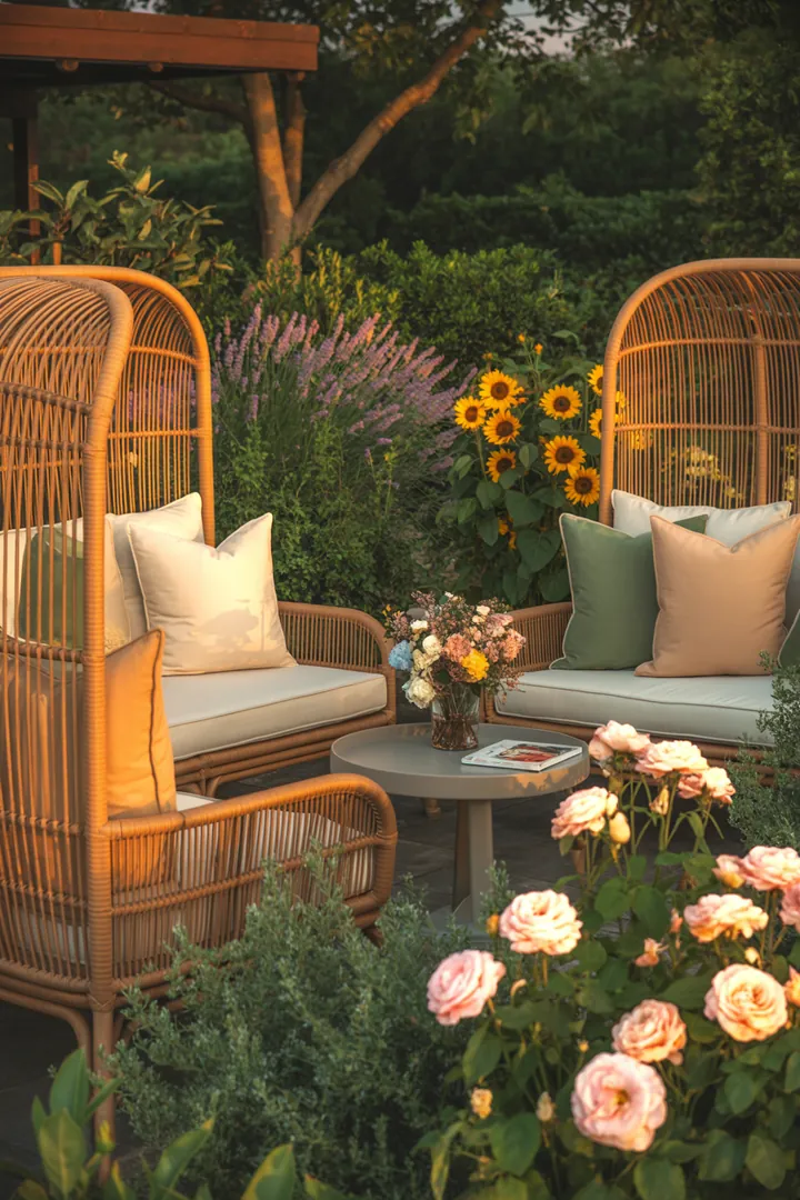 Elegante Relaxmöbel in einer stilvollen Gartenlounge aus Rattan, ideal für entspannte Stunden auf der Terrasse im Freien.