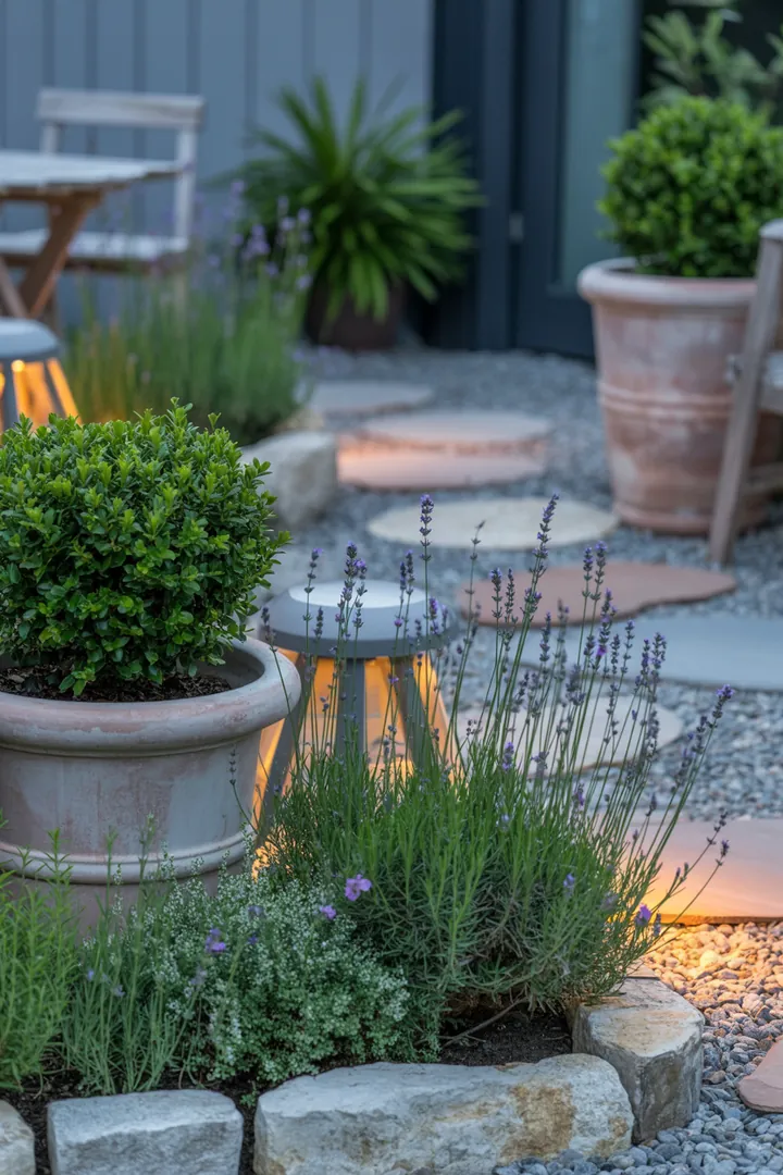 Ein stilvoll gestalteter Außenbereich mit eleganten Pflanzkübeln, dekorativen Zwerggehölzen, zarten Gräsern, einer harmonischen Beeteinfassung, robusten Trittplatten und stimmungsvollen Solarlampen.