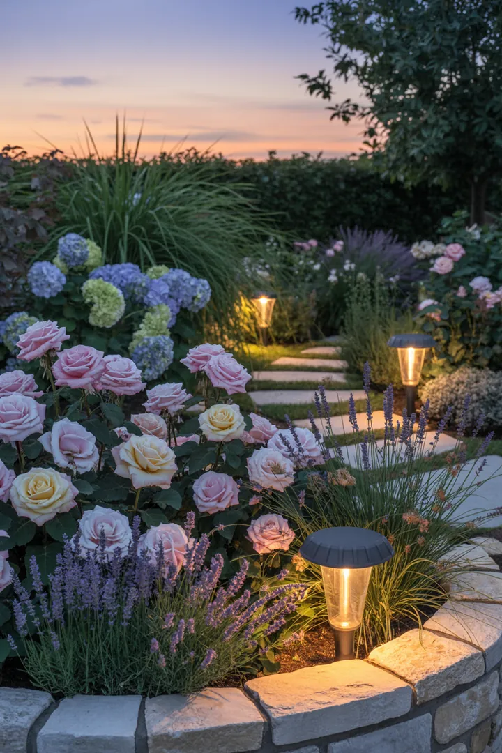 Ein stilvoll gestalteter Außenbereich mit dekorativen Pflanzkübeln, kleinen Sträuchern, attraktiven Gräsern, einer einladenden Beeteinfassung, modernen Trittplatten und stimmungsvollen Solarlampen.