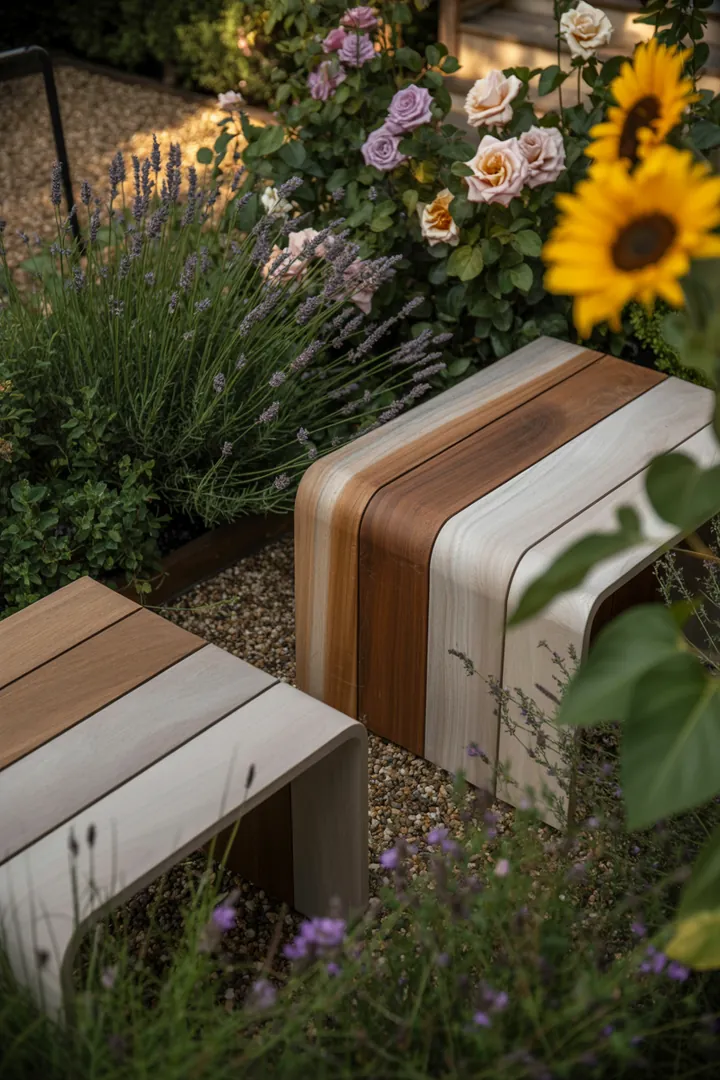 Elegante, minimalistische Outdoor-Lounge mit modernem Stil und trendigen Möbeln, die ideal für entspannte Momente im Freien sind.