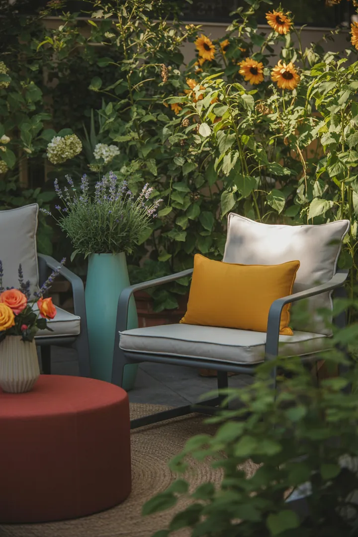 Elegante, moderne Möbel für den Außenbereich, die minimalistische Ästhetik verkörpern und einen trendigen Lounge-Bereich schaffen.