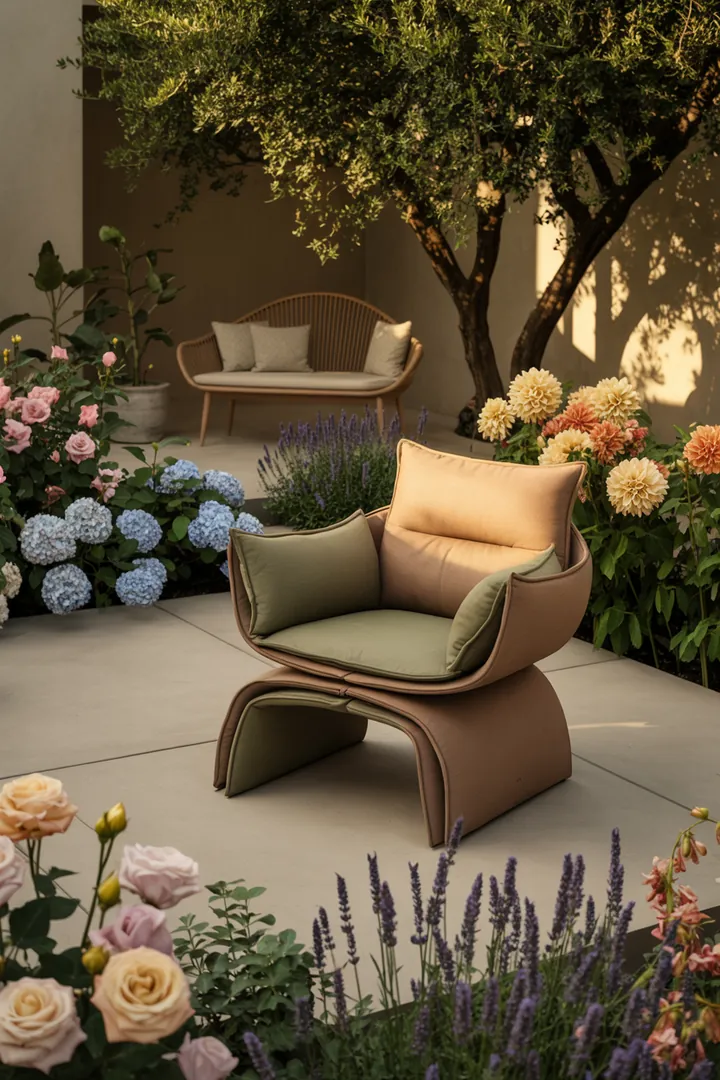 Elegante, zeitgenössische Möbel für den Außenbereich, die durch ihre schlichte Form und stilvolle Farbgebung bestechen. Ideal für entspannte Momente im Freien.