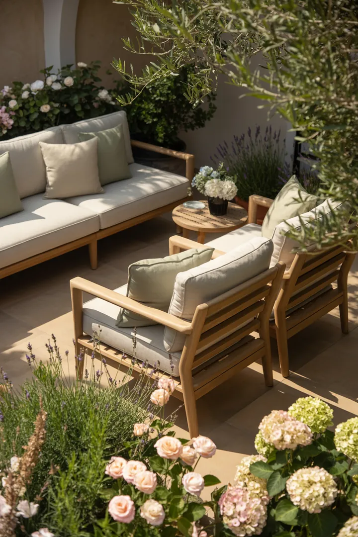 "Elegante, zeitgemäße Outdoor-Lounge, die durch minimalistisches Design besticht und perfekt für entspannte Momente im Freien geeignet ist."