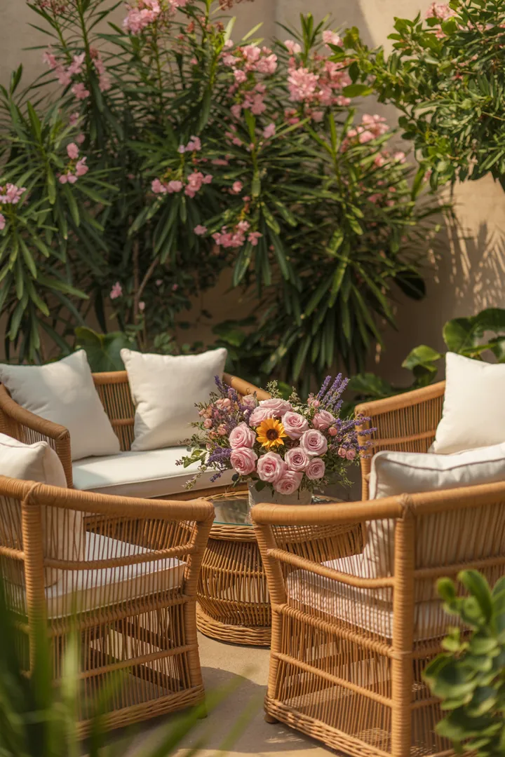 Elegante Gartenmöbel aus strapazierfähigem Geflecht, ideal für entspannte Stunden im Freien, perfekt für Terrassen und Outdoor-Bereiche.