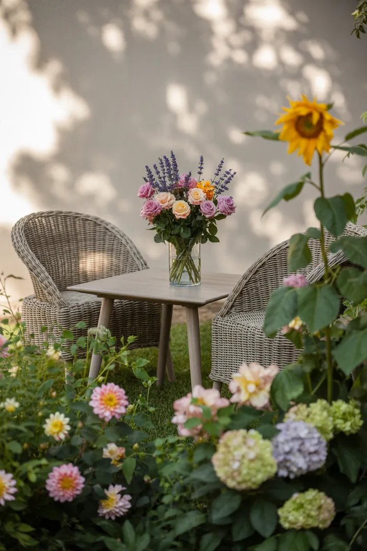 Elegantes Outdoor-Set aus geflochtenem Material, ideal für Terrassenmöbel und entspannte Gartenmomente mit stilvollem Rattan-Look.