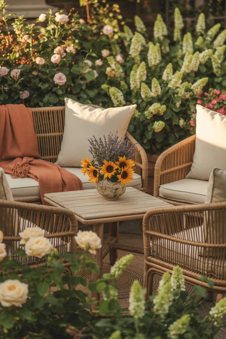 Elegantes Outdoor-Set aus robustem Geflecht für stilvolle Terrassenmöbel, ideal für Gartenbereiche mit Rattan-Möbeln.